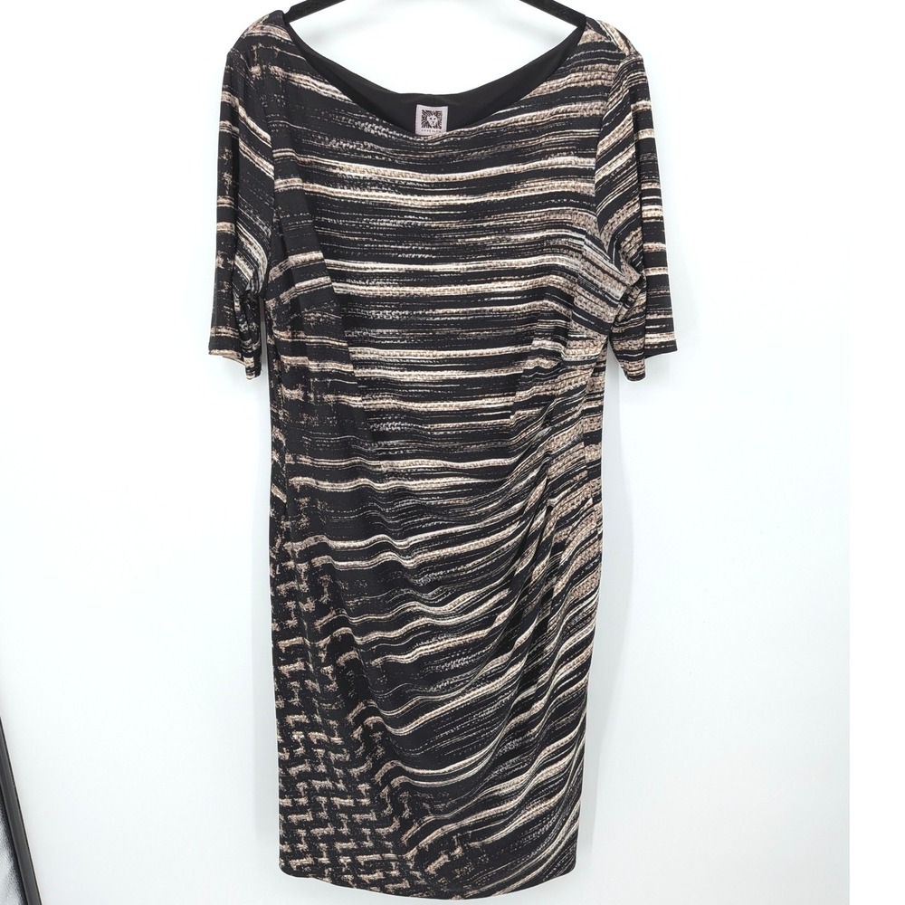 Anne Klein Sheath Dress Womens 14 Black Abstract Striped Ruched Knee Length